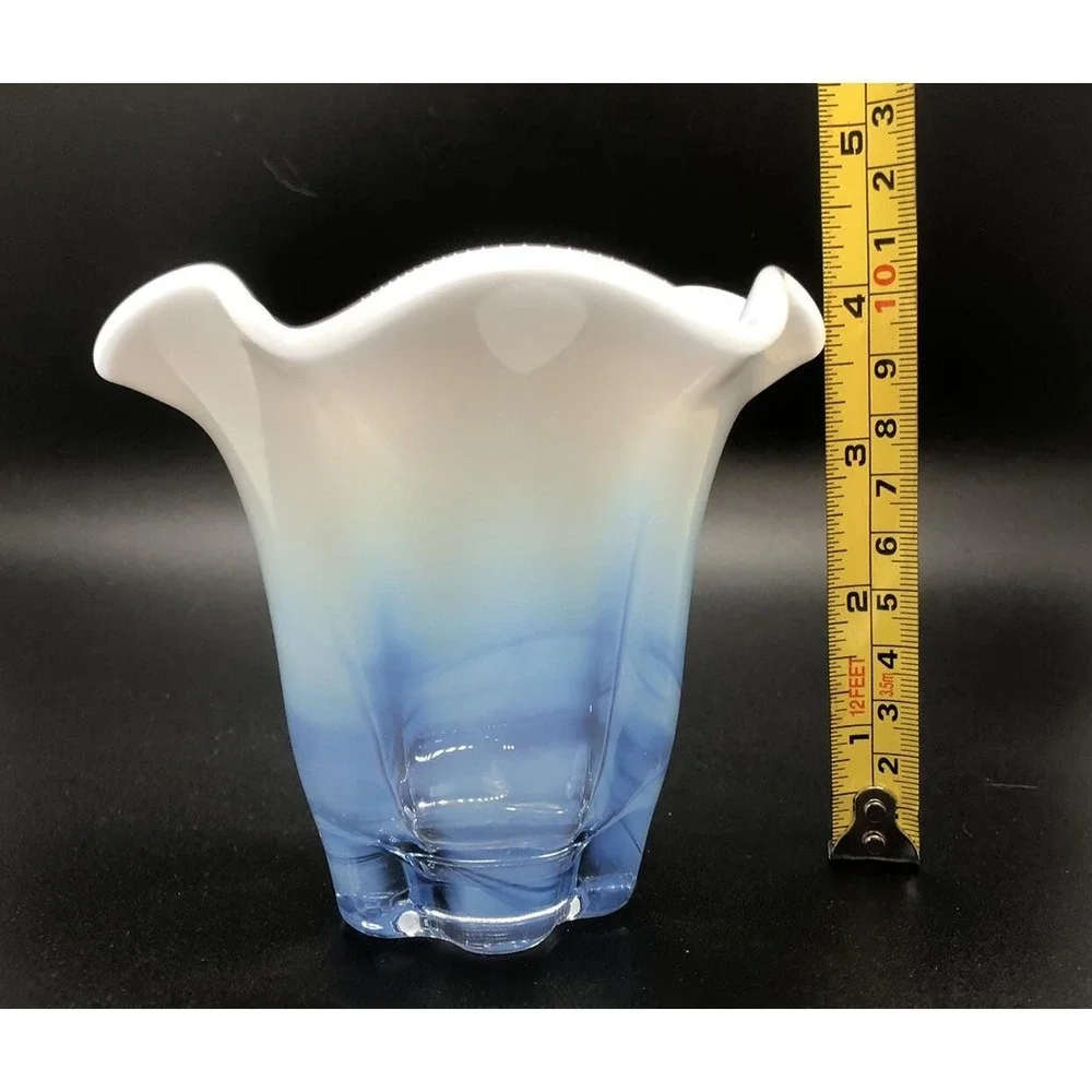 Blue White Opalescent Fade Art‎ Glass Vase Ruffled Rim MCM Style 4